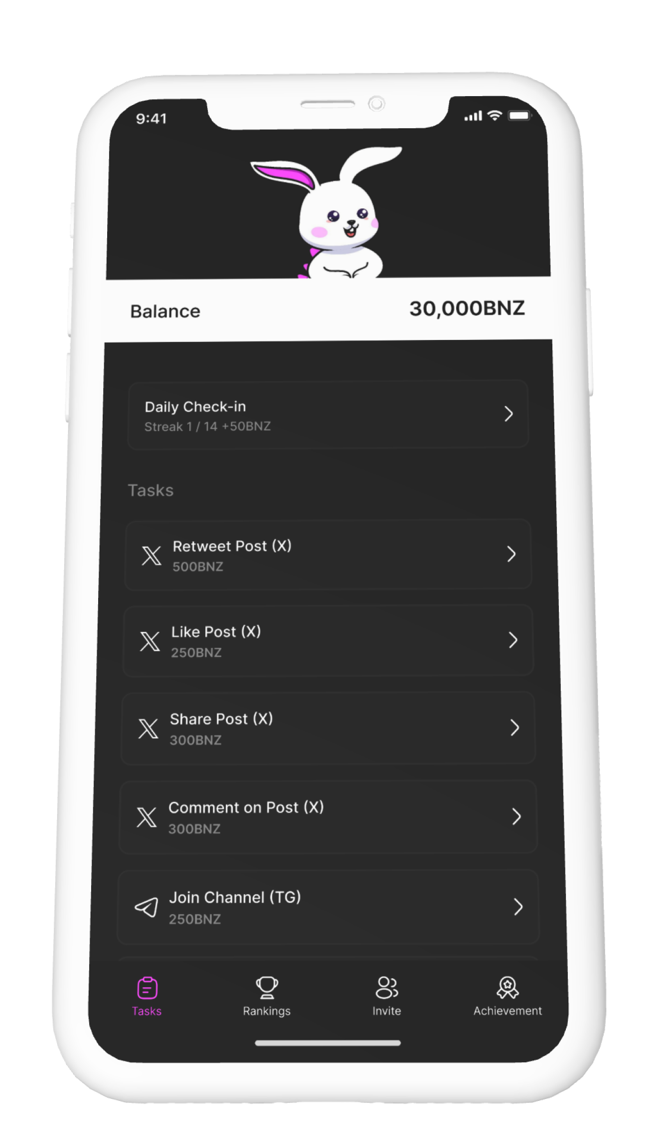 Complete tasks in the Bunzilla app to earn points, unlock achievements, climb ranks and    boost your rewards effortlessly